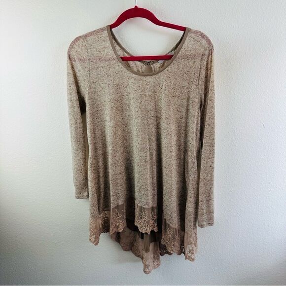 Andor Vogue Tan Lace Hem Linen Blend Mixed Media Long Sleeve Tunic Size S - Picture 1 of 3